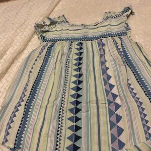 Sonoma Striped Geometric Ruffle Sleeve Blouse in Blue, Green, White